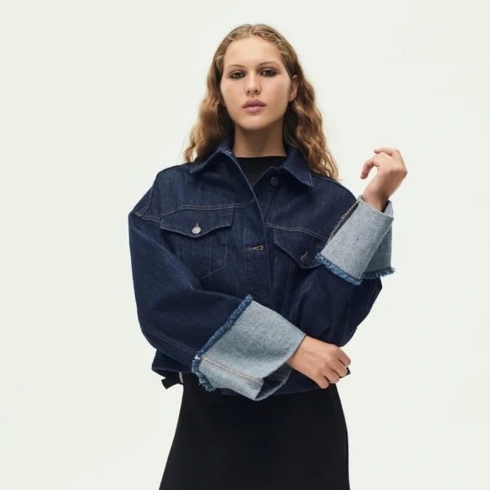 Zara Dark Blue Denim Cropped Jean Jacket With Rolled Up Sleeves Size XS